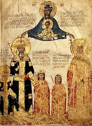 Empress Helena Dragaš (St. Ipomoni of Loutraki) with Emperor Manuel II Palaiologos, and three of their sons, John, Andronikos and Theodore.