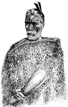 A drawing of a bearded and tattooed Maori chief holding a patu.