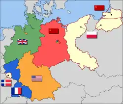 The eventual partition of Germany into Allied Occupation Zones:   British zone   French zone (two exclaves) and beginning in 1947, the Saar Protectorate   American zone, including Bremen   Soviet zone, later the GDR    Polish and Soviet annexed territory