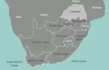 Illustrative map showing the location of the Limpopo Province to neighboring countries of Botswana (west), Zimbabwe (north), Mozambique (east), Swaziland/South Africa (south)