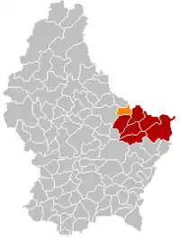 Map of Luxembourg with Beaufort highlighted in orange, and the canton in dark red