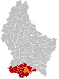 Map of Luxembourg with Bettembourg highlighted in orange, and the canton in dark red