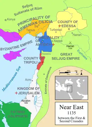 Four crusader states along the coast of the Mediterranean Sea and between the rivers Euphrates and Tigris