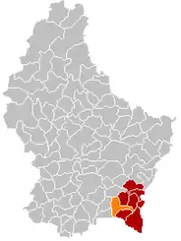 Map of Luxembourg with Dalheim highlighted in orange, and the canton in dark red