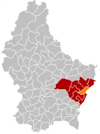 Map of Luxembourg with Grevenmacher highlighted in orange, and the canton in dark red