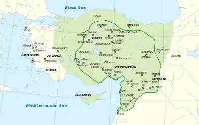 Image 10Map of the Hittite Empire at its greatest extent, with Hittite rule c. 1350–1300 BC represented by the green line (from History of Turkey)