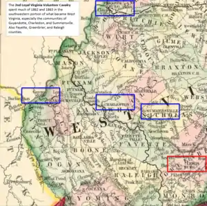 Old map of western Virginia with Union army camps marked