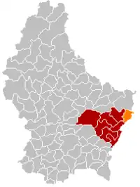 Map of Luxembourg with Mertert highlighted in orange, and the canton in dark red