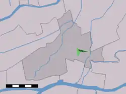 The village centre (dark green) and the statistical district (light green) of Hoogblokland in the municipality of Giessenlanden.