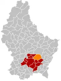 Map of Luxembourg with Niederanven highlighted in orange, and the canton in dark red