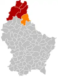 Map of Luxembourg with Parc Hosingen highlighted in orange, and the canton in dark red