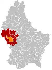 Map of Luxembourg with Redange highlighted in orange, and the canton in dark red