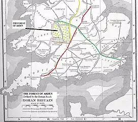 map showing the Roman roads bounding the old Forest of Arden