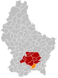 Map of Luxembourg with Weiler-la-Tour highlighted in orange, and the canton in dark red