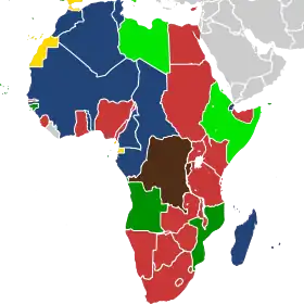 Image 17Areas controlled by European powers in 1939. British (red) and Belgian (marroon) colonies fought with the Allies. Italian (light green) with the Axis. French colonies (dark blue) fought alongside the Allies until the Fall of France in June 1940. Vichy was in control until the Free French prevailed in late 1942. Portuguese (dark green) and Spanish (yellow) colonies remained neutral. (from History of Africa)