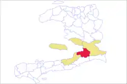 Map of the arrondissement (red) within the Ouest department.