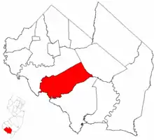 Location of Lawrence Township in Cumberland County highlighted in red (right). Inset map: Location of Cumberland County in New Jersey highlighted in red (left).