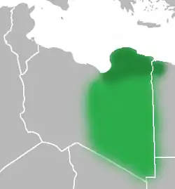 The traditional region of Cyrenaica (dark green), and the modern expansion (light green)