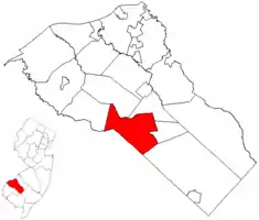 Location of Elk Township in Gloucester County highlighted in red (right). Inset map: Location of Gloucester County in New Jersey highlighted in red (left).