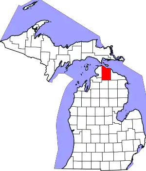 Map of Michigan highlighting Cheboygan County