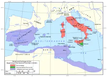 a map of the western Mediterranean region showing the territory controlled by Rome and Carthage in 218 BC