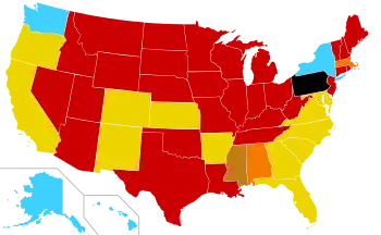 Abortion legal on request: AK, HI, NY, WA; allowed for danger to woman's health, rape or incest, or likely damaged fetus: AR, CA, CO, DE, FL, GA, KS, MD, NC, NM, OR, SC, VA; allowed for danger to woman's health: AL, MA; allowed for rape but not life: MS; allowed for danger to the woman's life: AZ, CT, IA, ID, IL, IN, KY, LA, ME, MI, MN, MO, MT, ND, NE, NH, NJ, NV, OH, OK, RI, SD, TN, TX, UT, VT, WI, WV, WY; complete ban: PA.