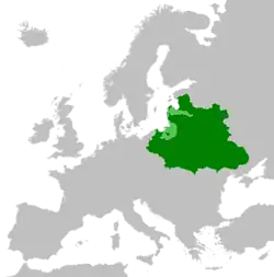 The Polish–Lithuanian Commonwealth (green) with vassal states (light green) at its peak in 1619