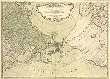 Map of northwesterna America, East Asia and the northern Pacific. The coast of northwestern America is only very roughly outlined.