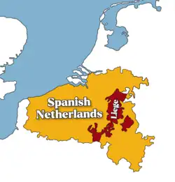 Spanish Netherlands (yellow) and the principality of Liege (red) in 1599