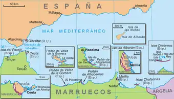 The plazas de soberanía, plus Ceuta (with Perejil Island) and Melilla on the mainland, and Alboran Island 50 km north of the coast