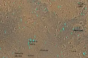 Map of Mare Tyrrhenum quadrangle.  Tyrrhena Patera is a major volcano with pit craters.