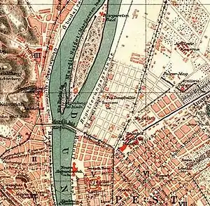 1888 – before the Bridge was connected to Margaret Island; future Újlipótváros streets are shown