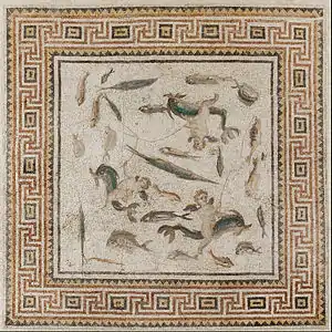 Marine mosaic (central panel of three panels from a floor); 200–230; mosaic (stone and glass tesserae); 2,915 mm x 2,870 mm; Museum of Fine Arts (Boston, US)