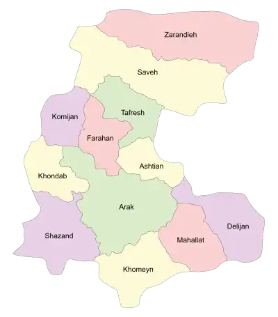 Location of Komijan County in Markazi province (center left, purple)