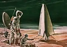 Artist's conception of a crew going on surface EVA on Mars, circa early 1960s. In the background is a Mars Excursion Module (MEM)