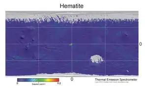 Figure 1a. A low-resolution map across all of Mars of surface hematite levels. Data for this map was produced by the thermal emission spectrometer (TES) on the Mars Global Surveyor between 1997 and 2002. The green and red blob in the center of the map is shown in high resolution in Figure 1b. Mapped from 1997 to 2002.