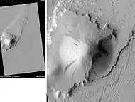 Streamlined Island in Marte Vallis, as seen by HiRISE.  The enlarged image gives a good view of dark slope streaks.  Island is just to the west of Pettit Crater.  Scale bar is 500 meters long.