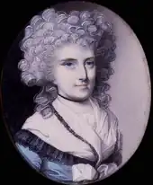 Portrait of a woman with a fancy large and curled hair style dressed in a blue gown with a broad white collar in an early 18th-century style