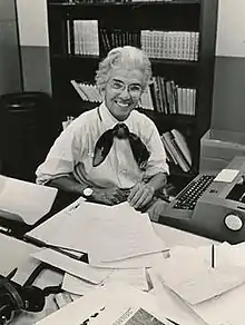 Mary Garber in front of Typewriter