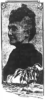 Black and white newspaper print of an early 20th-century woman transposed over an illustration of an island