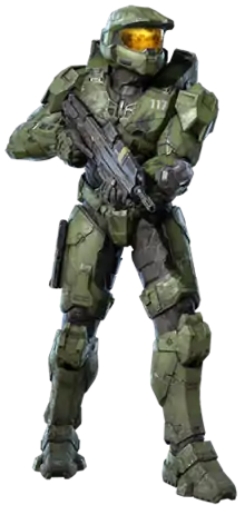 A render of the article subject, a soldier encased in a black undersuit, with worn greenish metal armor worn over it. He carries a long, black weapon in his right hand, and wears a helmet with a golden, reflective visor.