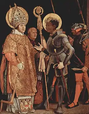 Matthias Grünewald, Meeting of St. Martyr Maurice, leader of the Theban Legion, with St. Erasmus (1517-1523)