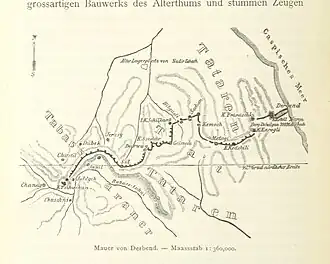 Old geophysical map of the environs of Derbent, with the fortifications of Derbent outlined