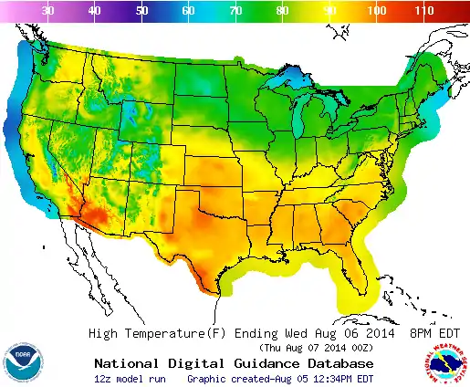 Gridded MOS daytime high temperature over the conterminous United States for 6 August 2014.