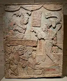 Relief showing Aj Chak Maax presenting captives before ruler Itzamnaaj B'alam III of Yaxchilan; 22 August 783