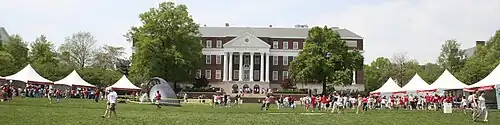 Visitors and pavilions in front of McKeldin Library on Maryland Day, 2008