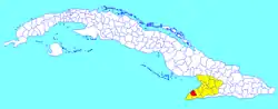 Media Luna municipality (red) within  Granma Province (yellow) and Cuba