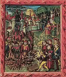 Jews (identified by the mandatory Jewish badge and Jewish hat) being burned during the Black Death in 1348