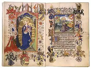 An open book displaying two pages of a floridly hand illustrations