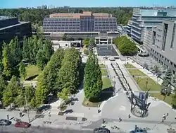  aerial view of Mel Lastman Square looking west from across the street